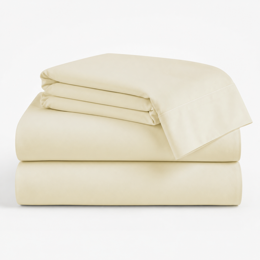Ivory 600 thread count percale Twin XL sheet set folded and stacked on a white background