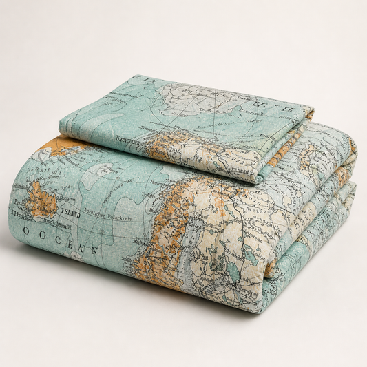 World Map Duvet Cover Set folded on a white studio background