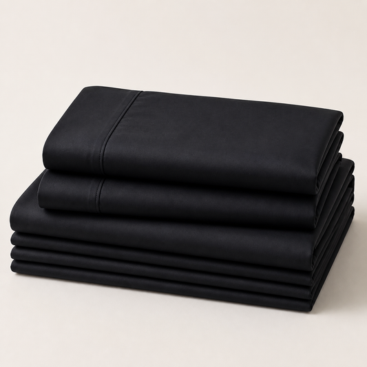 Black 600 thread count percale Queen sheet set folded and stacked on a white background