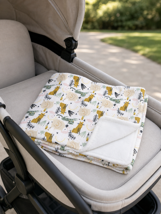 Tan safari muslin plush blanket tucked into a stroller