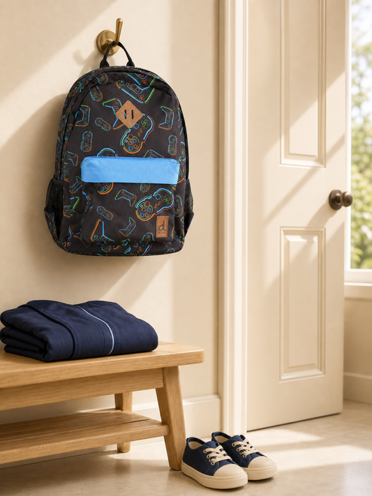 Controller print kids backpack on an entryway hook
