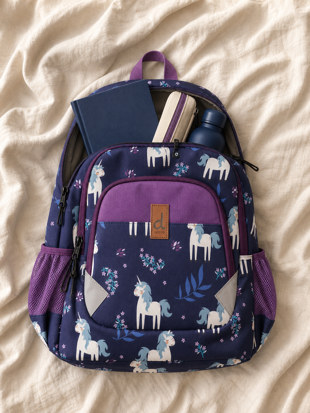 Flat lay of the unicorn print little kids backpack with supplies