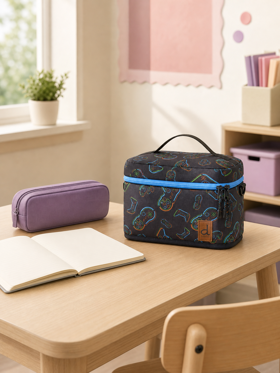Black controller print lunch box on a school desk