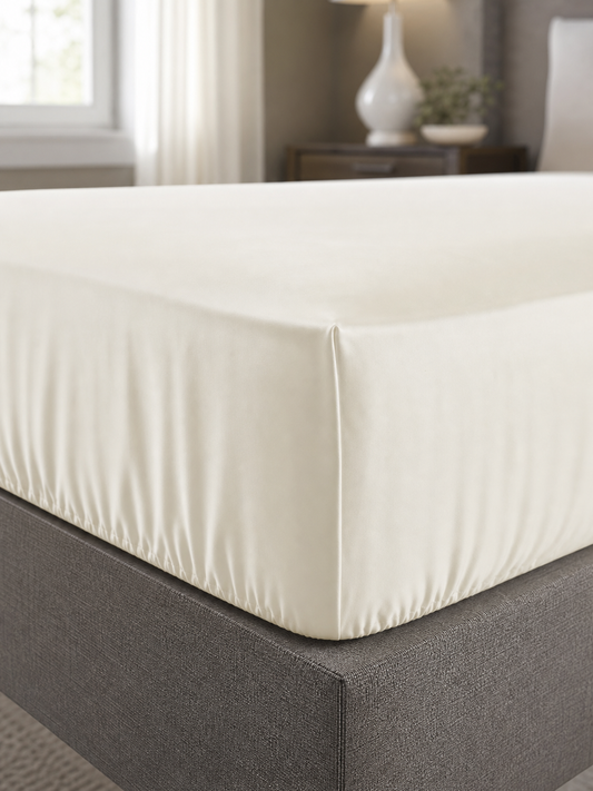 Elasticated corner of the ivory 800 thread count fitted sheet, 17 inch pocket