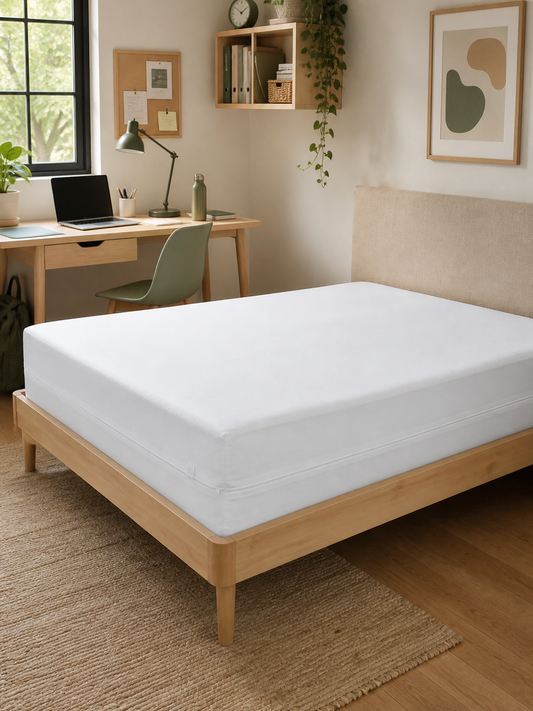 Waterproof Queen mattress encasement fitted over a bare mattress