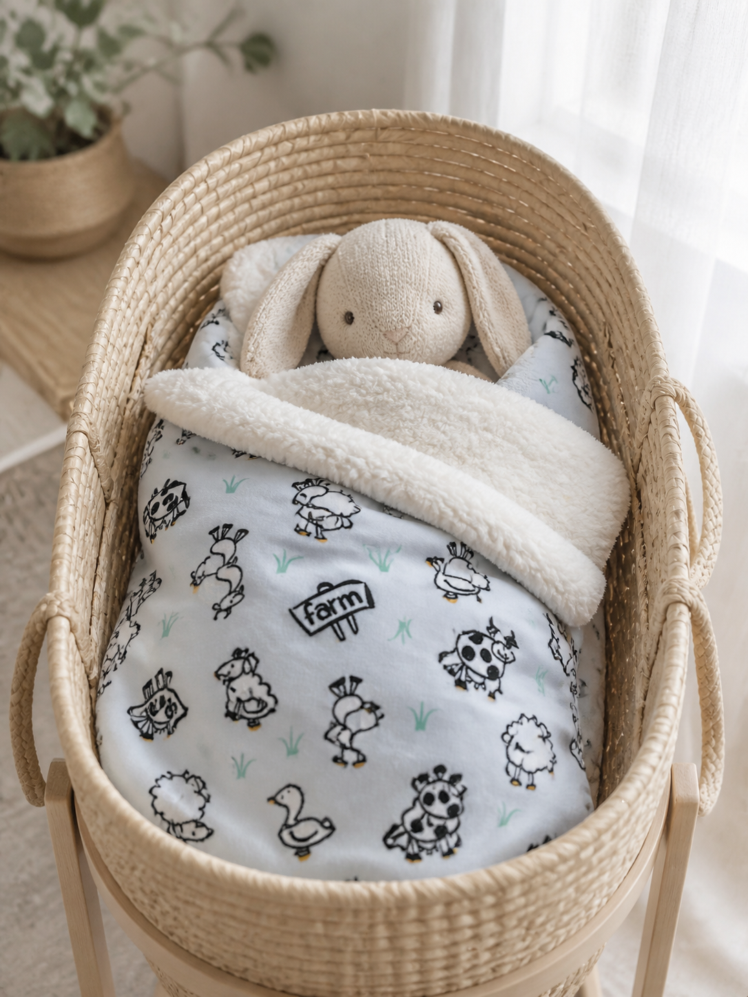 Farm Pattern Mink Sherpa Blanket - Grey
