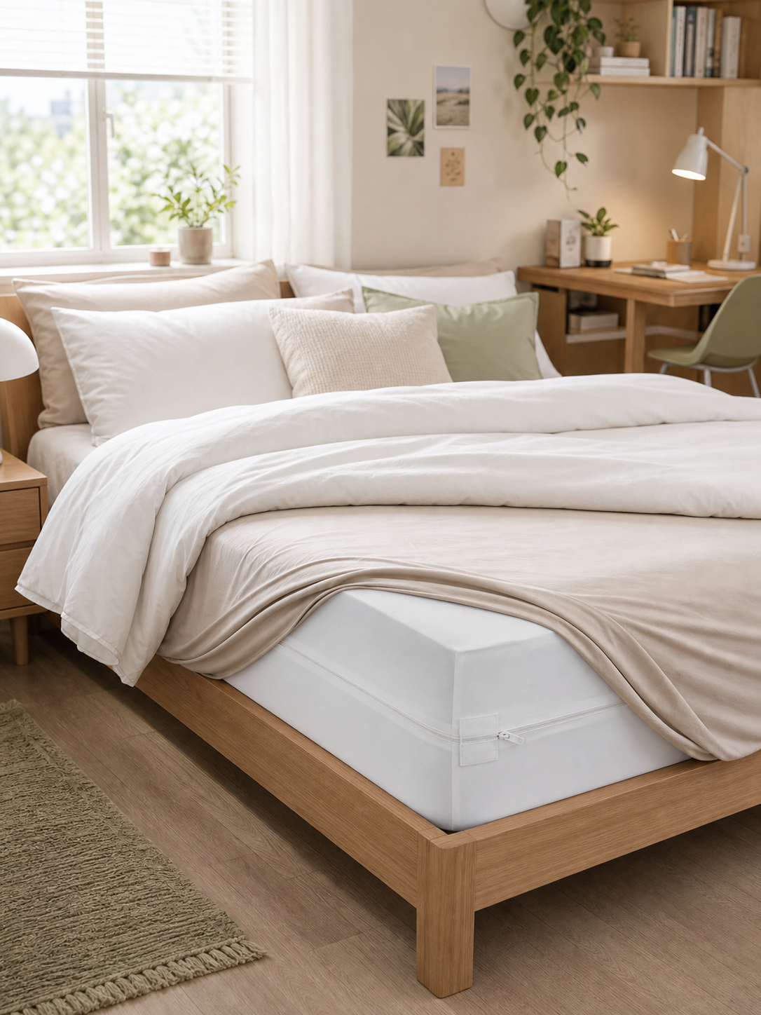 Waterproof mattress encasement layered under sheets as a protected sleep system