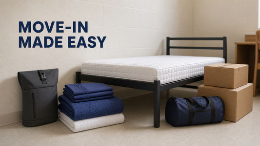 Twin XL dorm bed made up with LoomSparrow bedding next to a packed backpack, styled for university move-in day