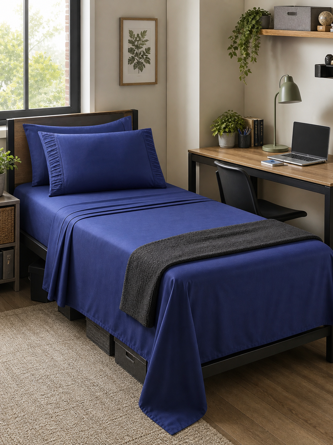 Navy blue 4-piece Twin XL sheet set made up on a residence bed