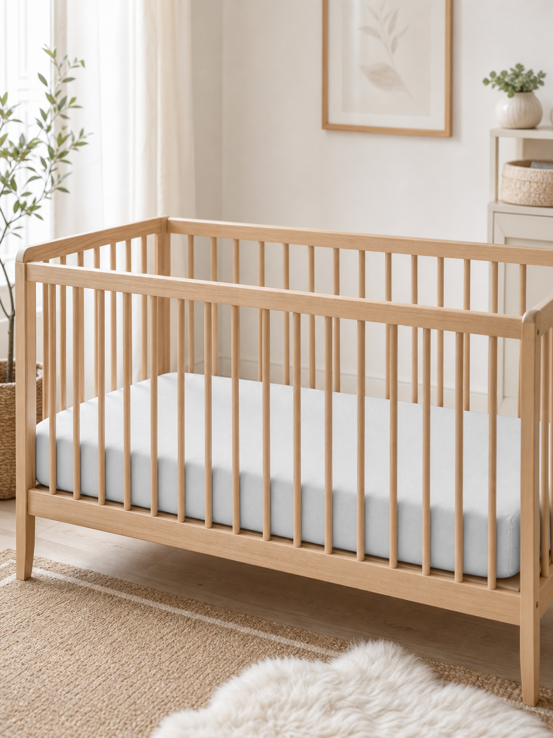 Solid flannel crib sheet fitted to a fully made standard crib