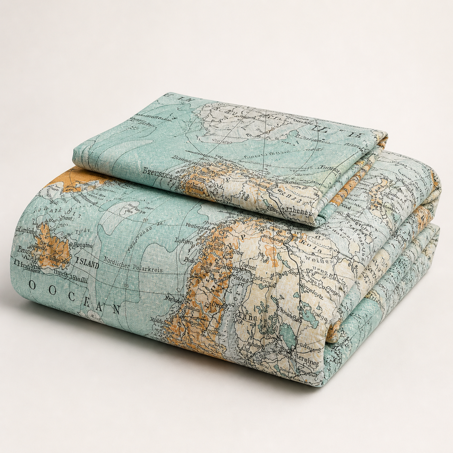 World Map Duvet Cover Set folded on a white studio background