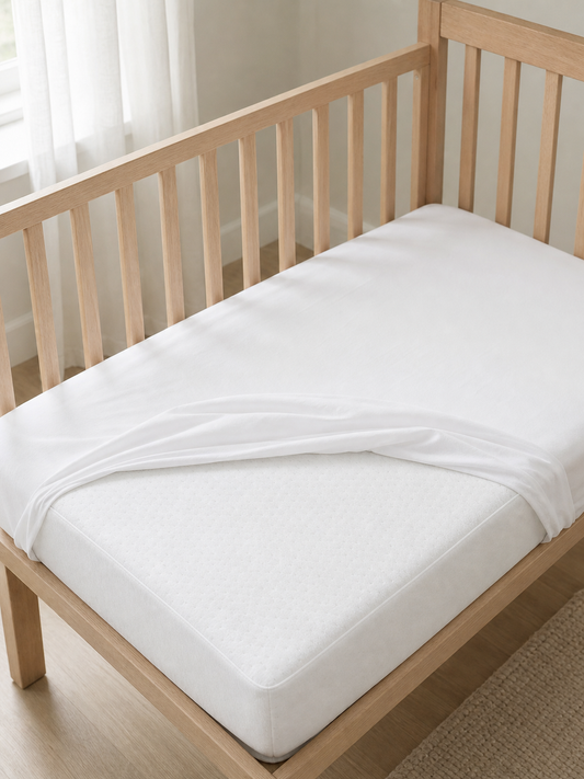 Kushies waterproof crib mattress protector fitted in a nursery crib