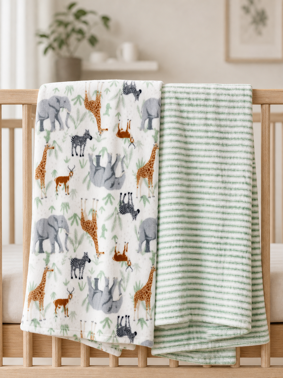 Sage safari 2-pack flannel fleece baby blankets over a crib rail