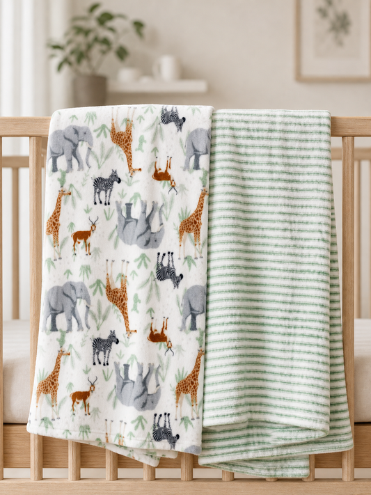 Sage safari 2-pack flannel fleece baby blankets over a crib rail