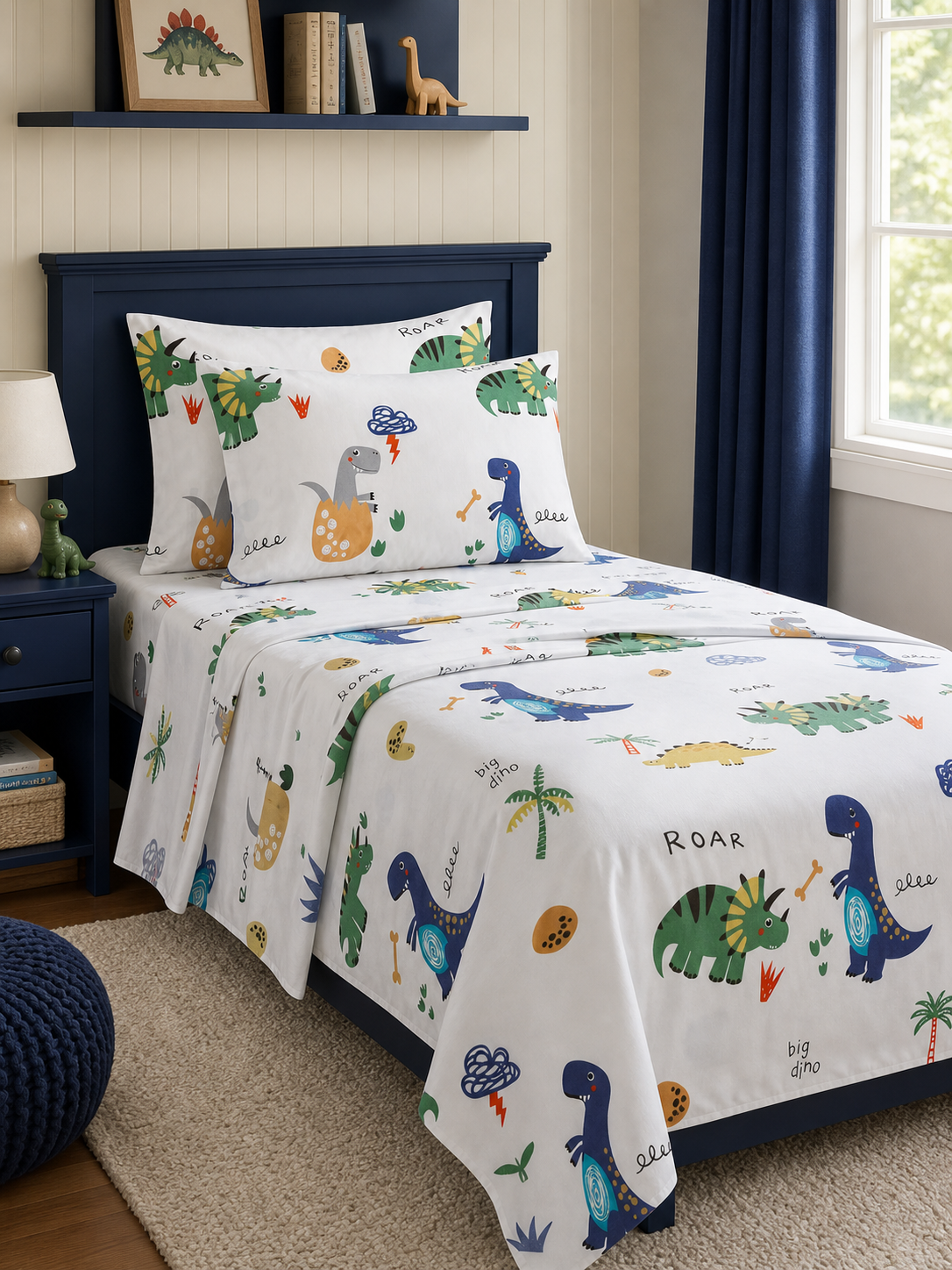 Dinosaur print Twin kids sheet set made up on a child's bed