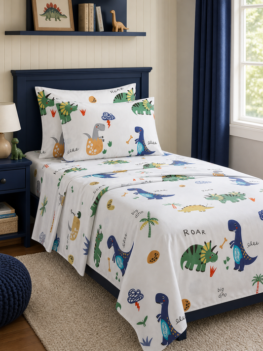Dinosaur print Twin kids sheet set made up on a child's bed