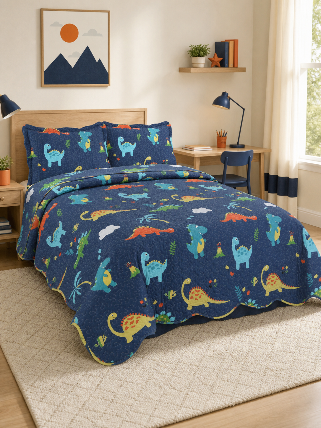 Navy dinosaur print reversible Twin quilt set made up on a child's bed