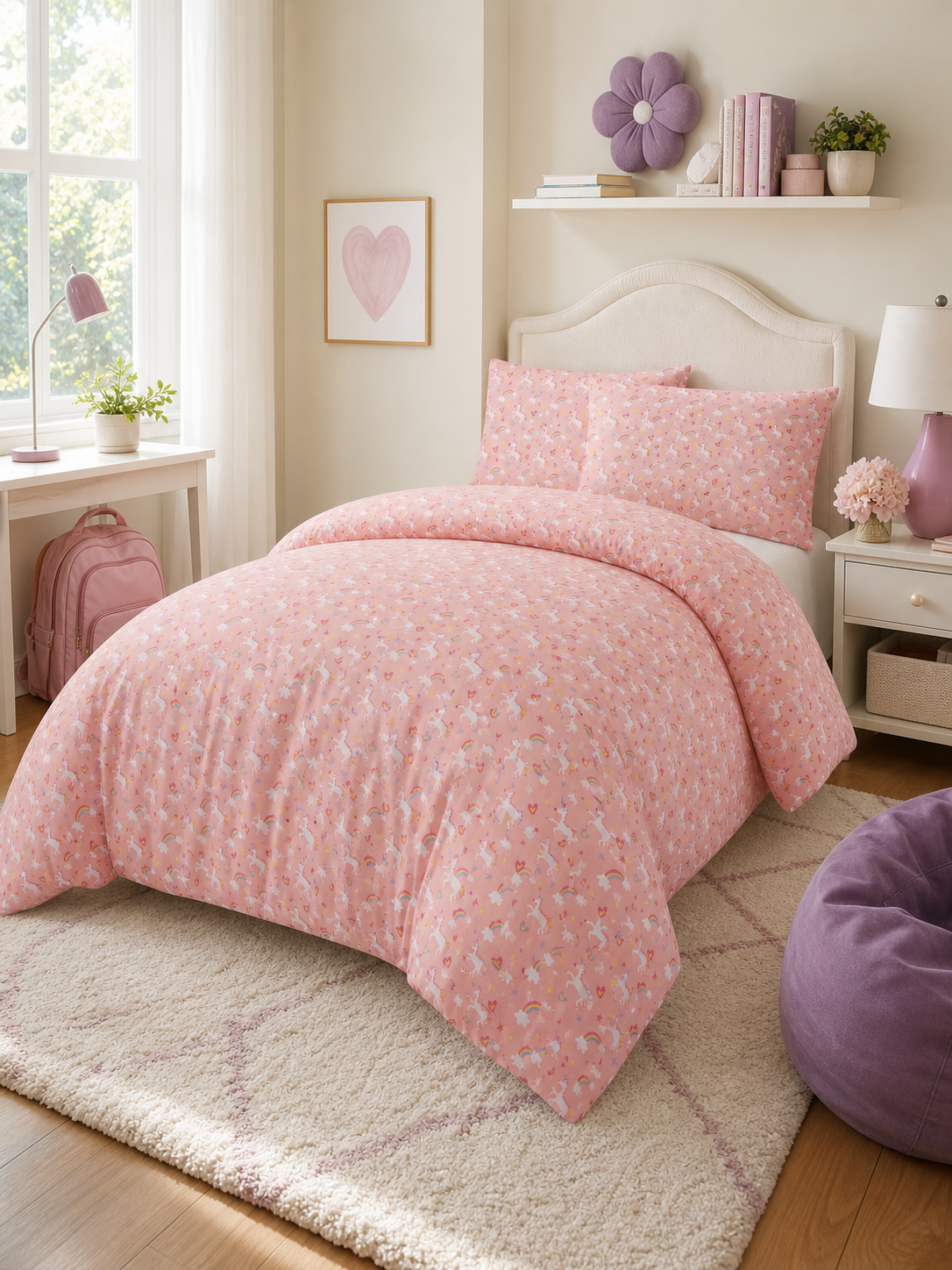 Pink unicorn print Twin duvet cover set made up on a child's bed