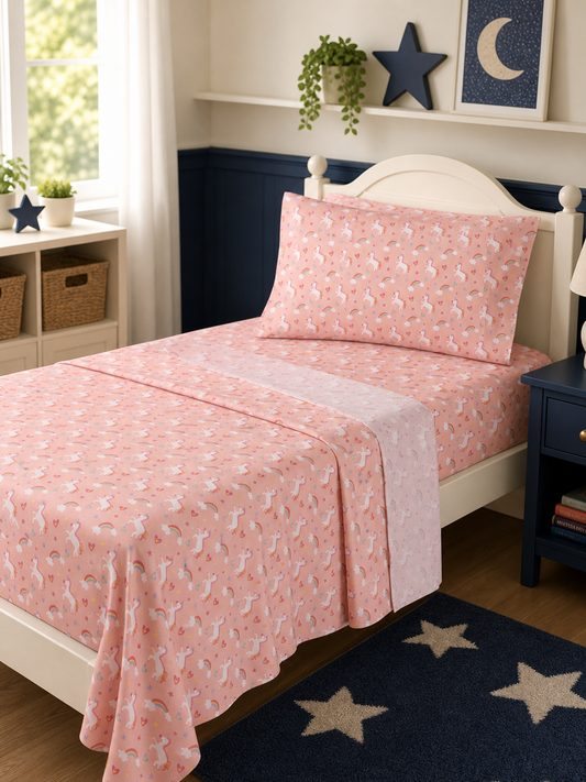 Pink unicorn print Twin kids sheet set made up on a child's bed