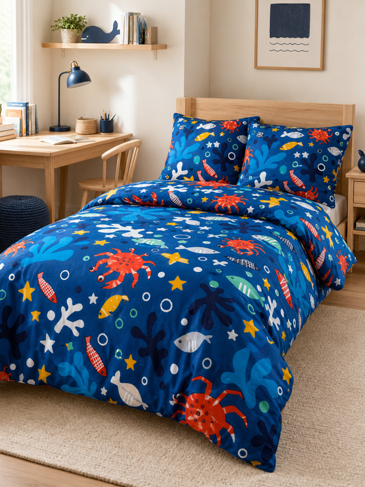 Underwater Twin Duvet Cover Set styled on a kid's bed