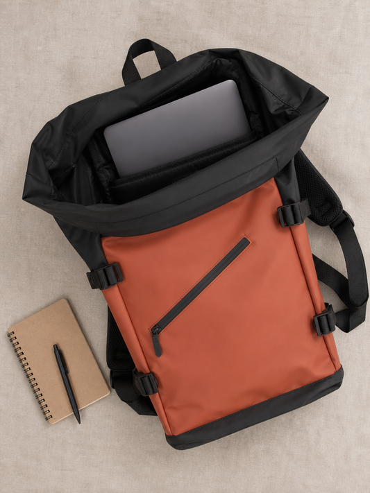 Roll-top backpack open flat showing the padded 15.6 inch laptop compartment