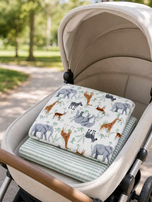 Sage safari flannel fleece blanket tucked into a stroller