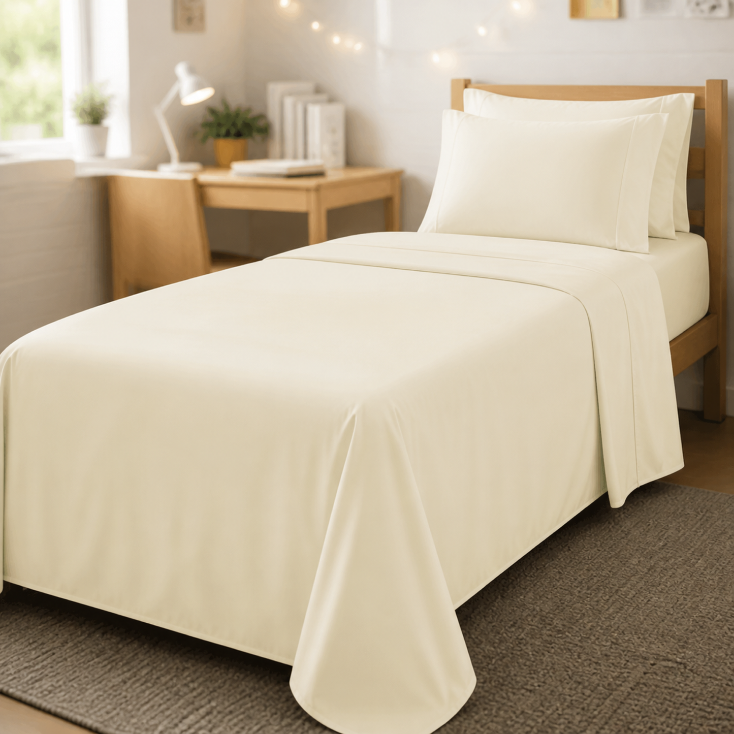 Ivory 600 thread count percale Twin XL sheet set made up on a university residence bed