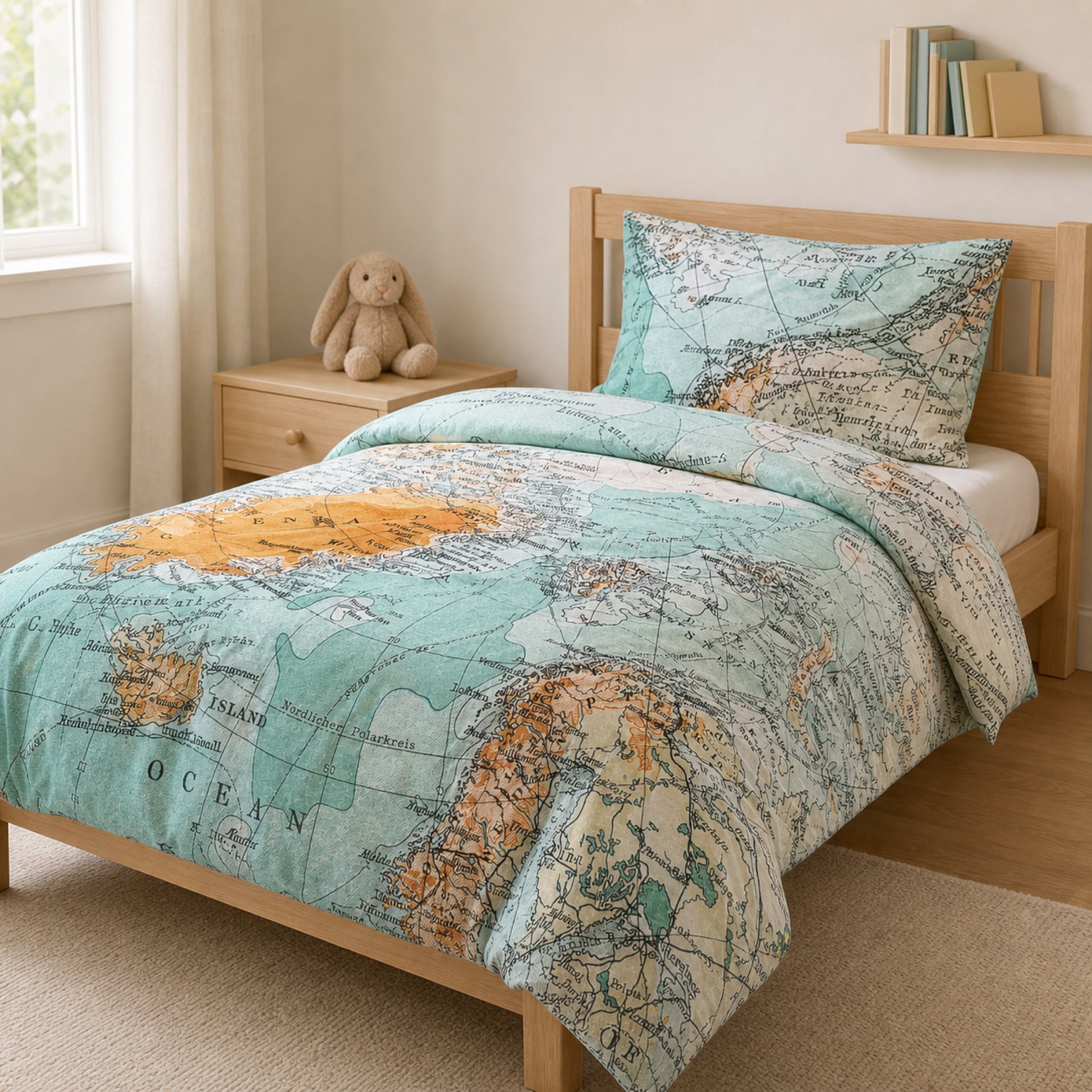 World Map Duvet Cover Set styled on a kid's bed
