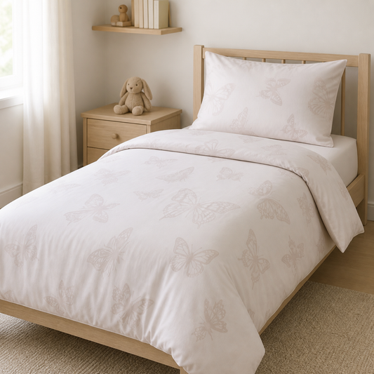 Blush Pink Twin Duvet Set styled on a kid's bed