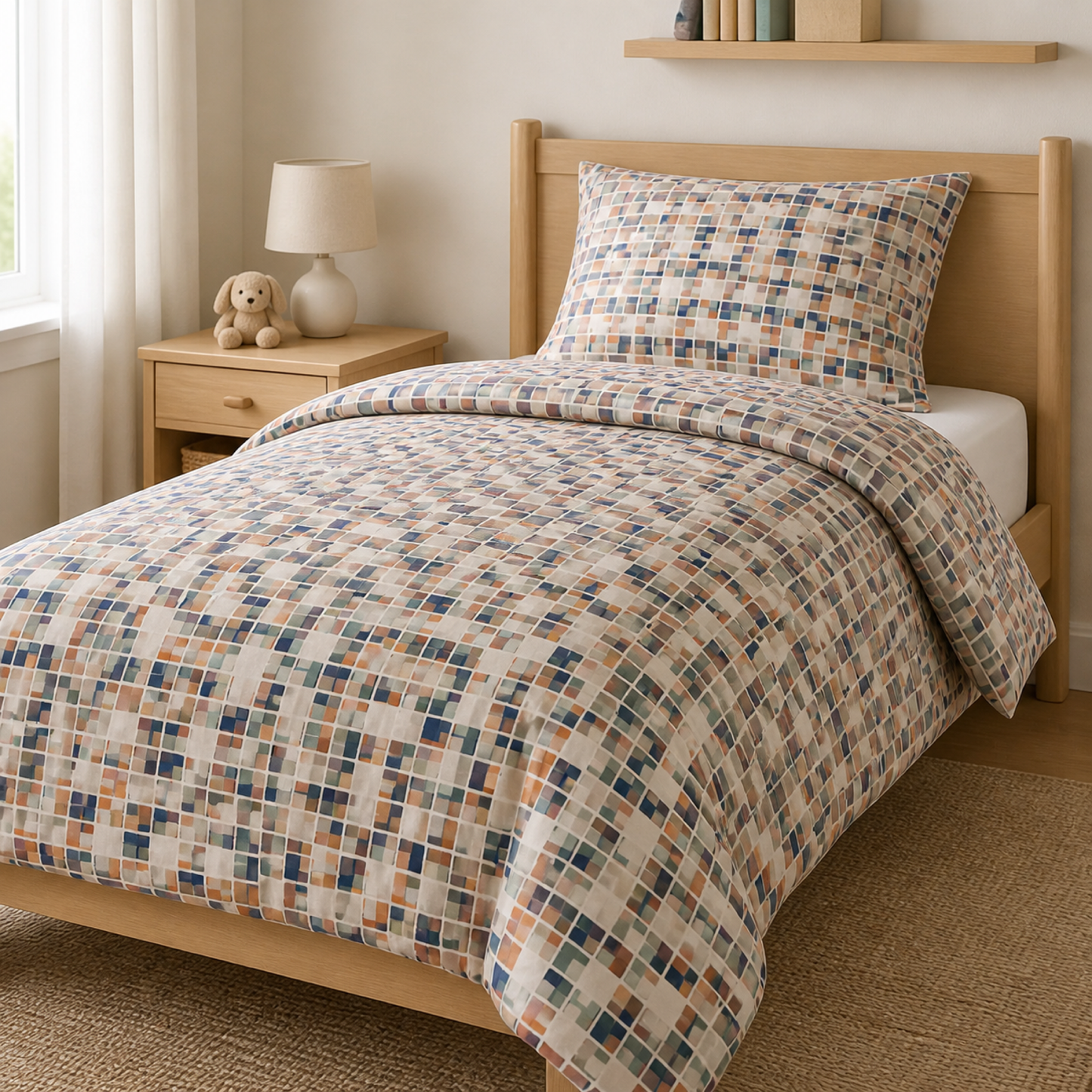 Canoa Mosaic Duvet Cover Set styled on a kid's bed