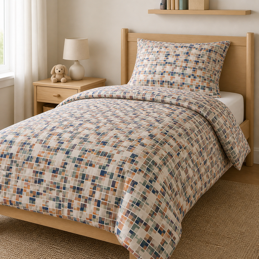 Canoa Mosaic Duvet Cover Set styled on a kid's bed