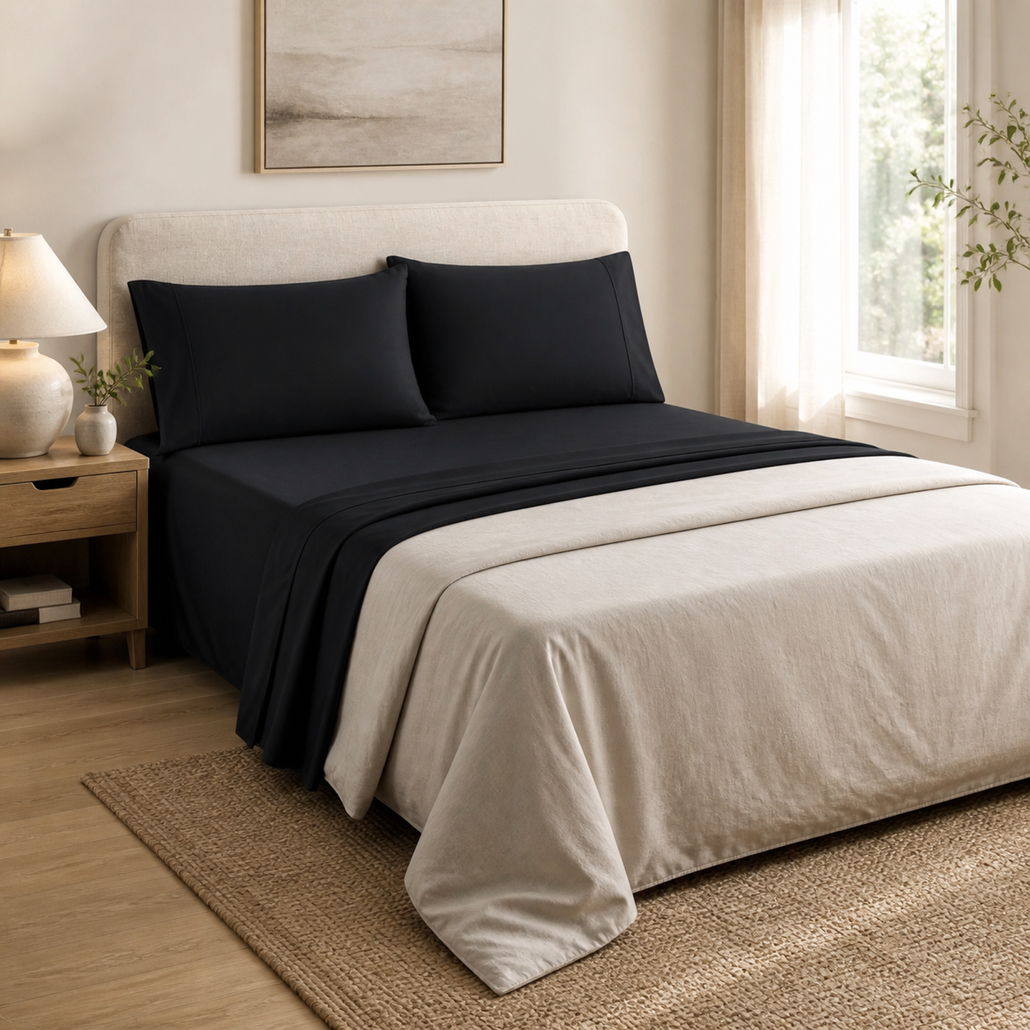 Black 600 thread count percale Queen sheet set made up on a Queen bed in a bright bedroom