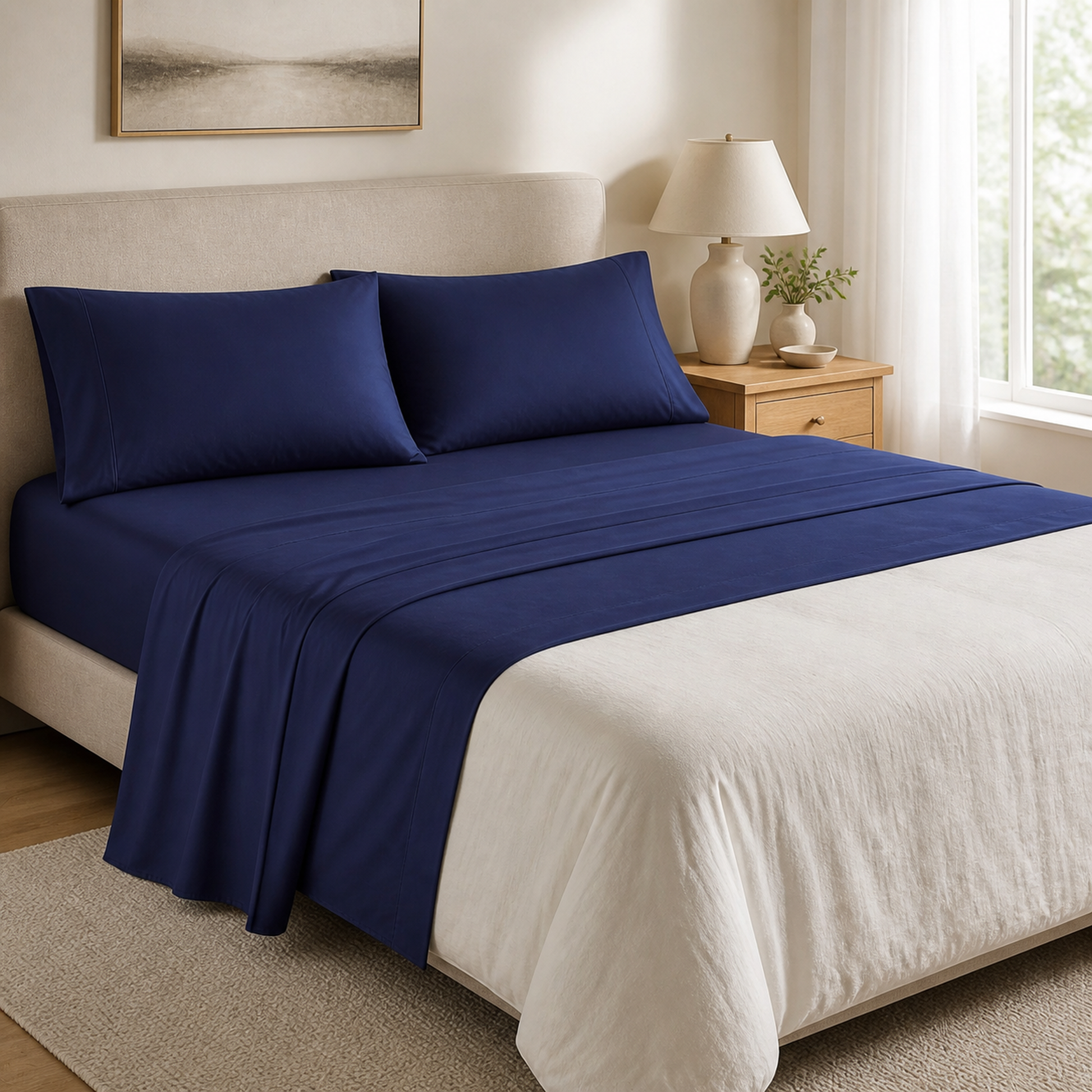 Navy blue 600 thread count percale Queen sheet set made up on a Queen bed in a bright bedroom