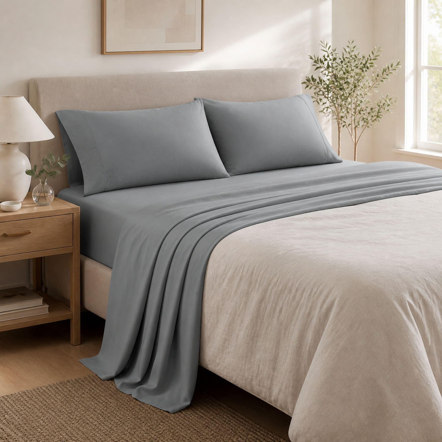 Grey 600 thread count percale Queen sheet set made up on a Queen bed in a bright bedroom