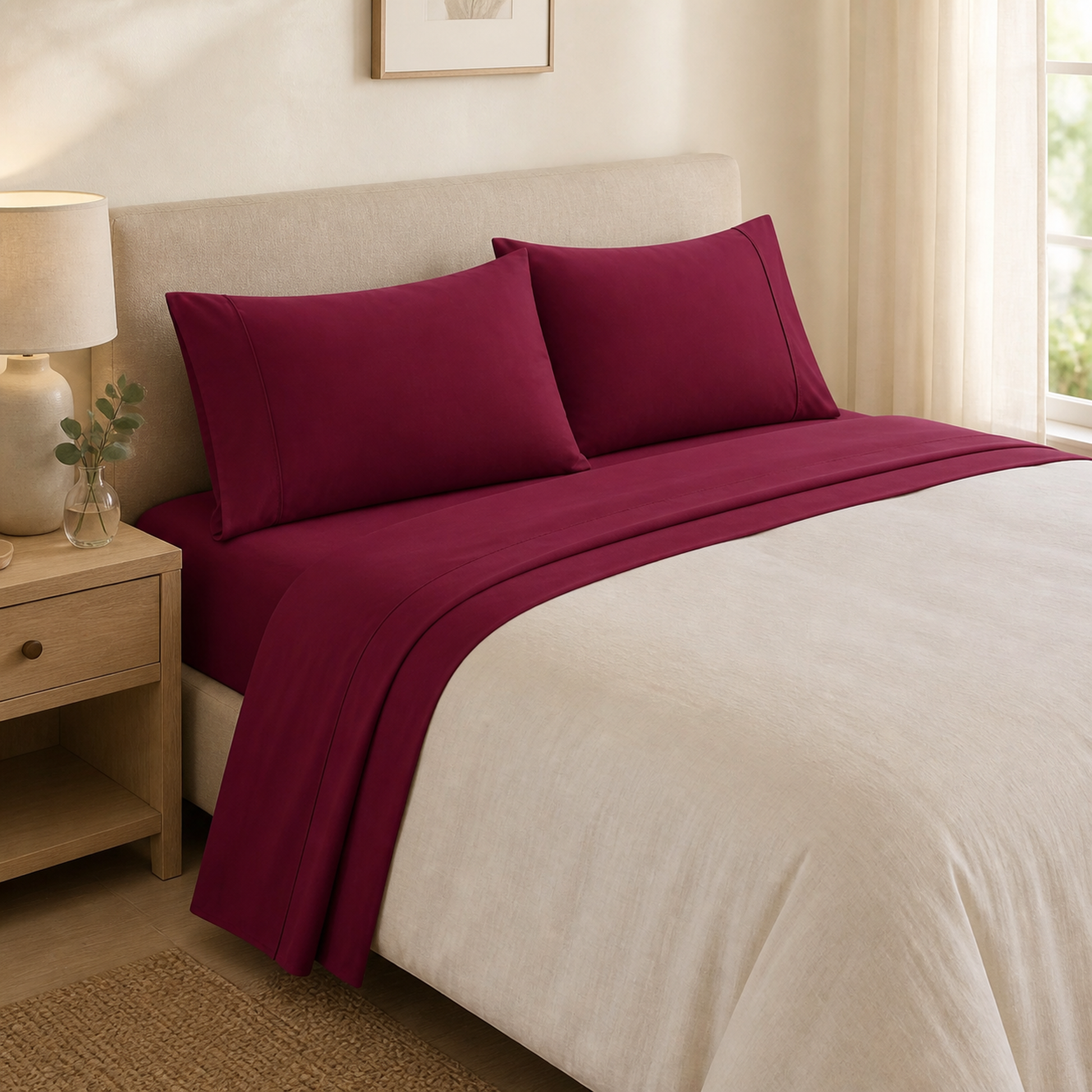 Burgundy 600 thread count percale Queen sheet set made up on a Queen bed in a bright bedroom
