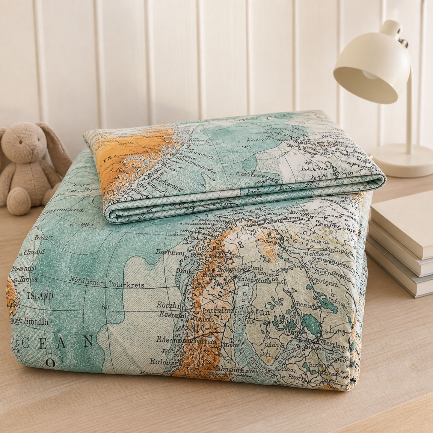 World Map Duvet Cover Set styled with everyday props