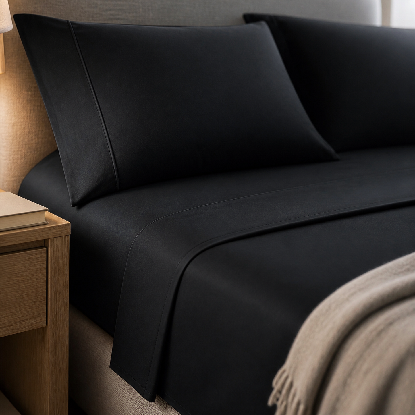 Close-up of the turned-down black percale flat sheet and pillow on a made Queen bed