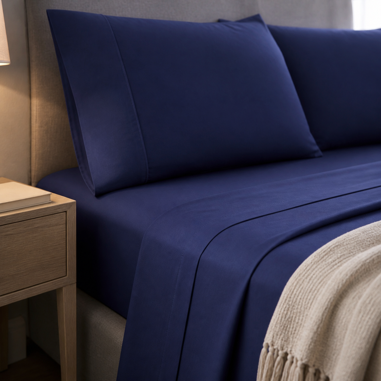 Close-up of the turned-down navy blue percale flat sheet and pillow on a made Queen bed