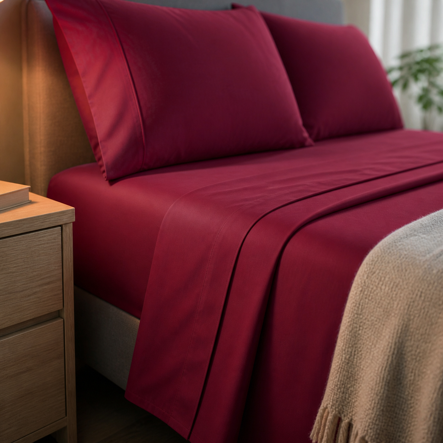 Close-up of the turned-down burgundy percale flat sheet and pillow on a made Queen bed