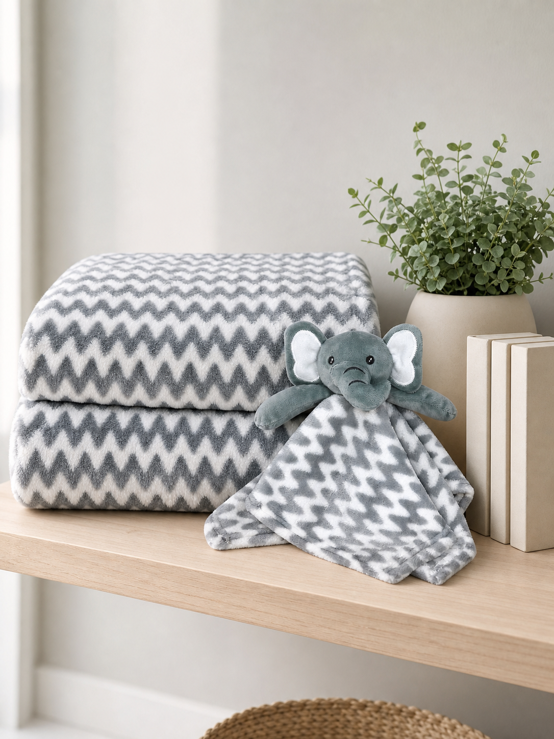 Grey elephant blanket and lovey set folded on a nursery shelf