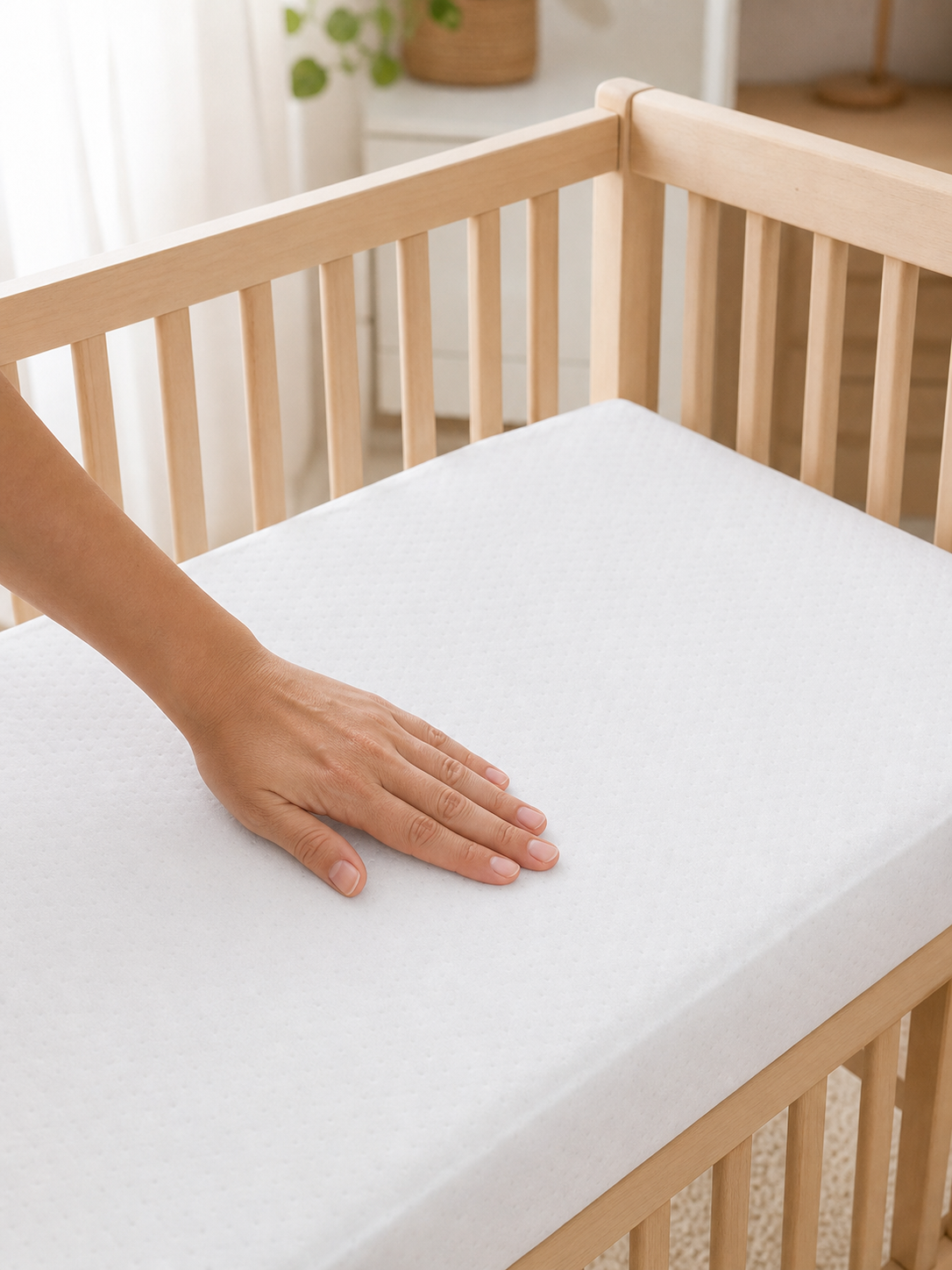 Parent smoothing the waterproof crib mattress protector into place