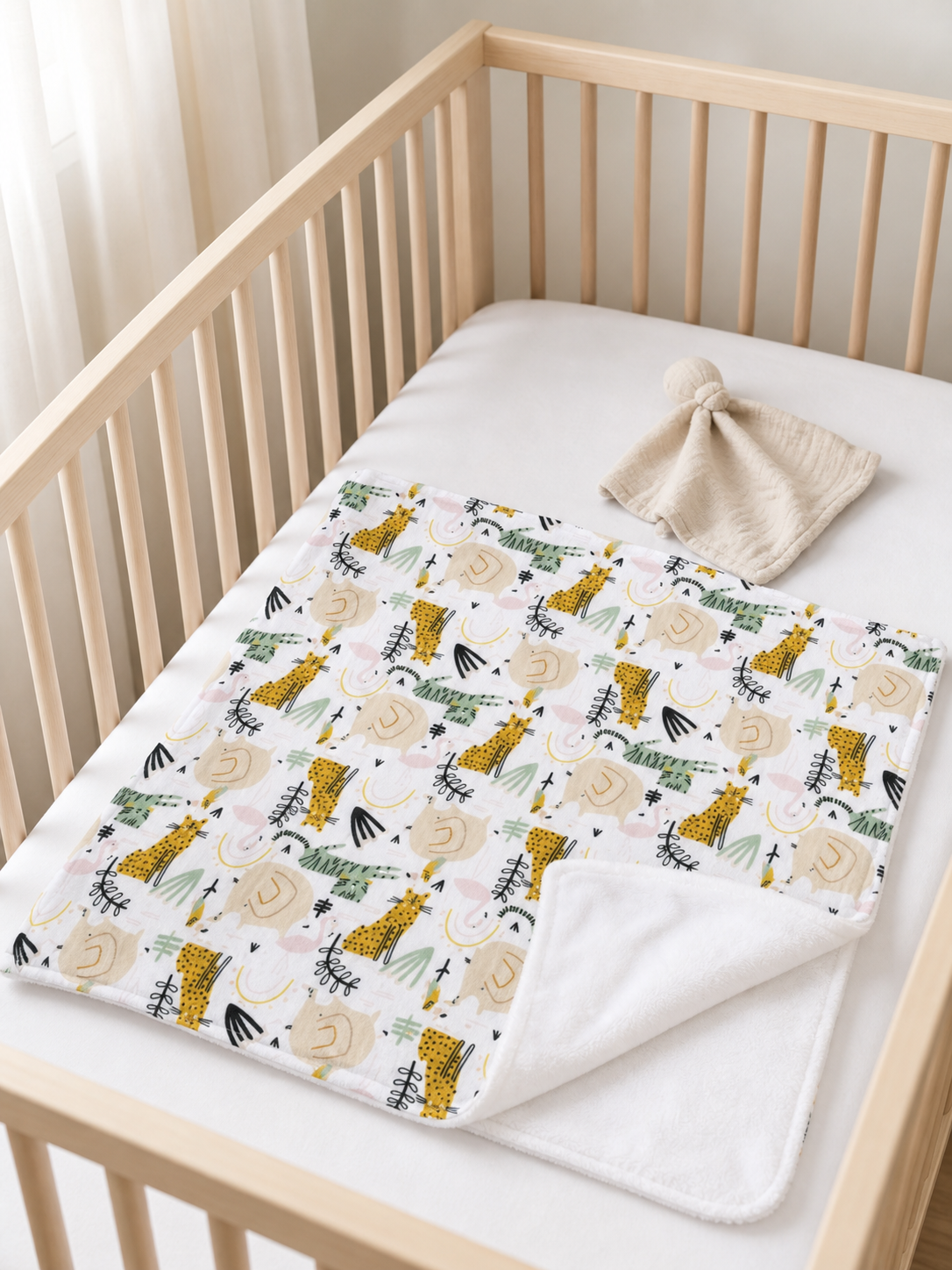 Tan safari blanket in a crib alongside a plush lovey