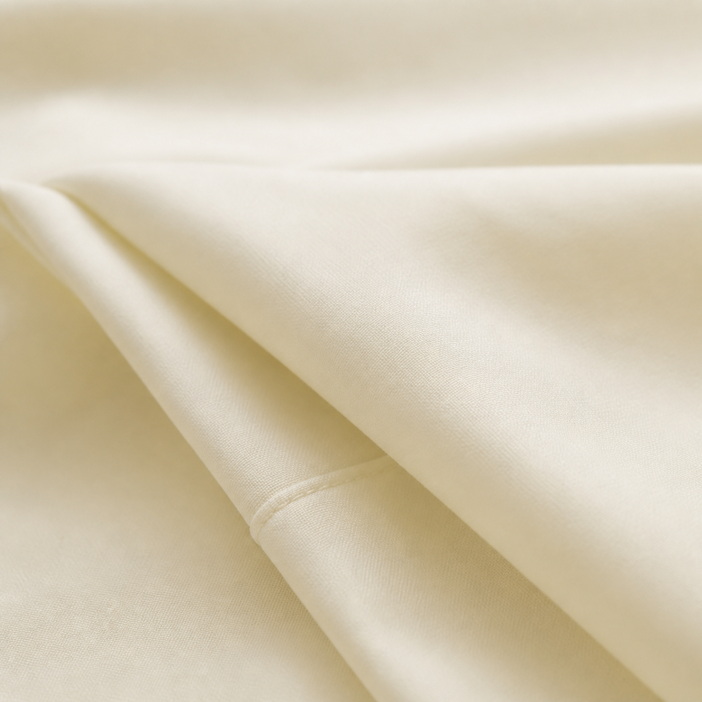 Close-up of the ivory 600 thread count percale weave and stitched hem