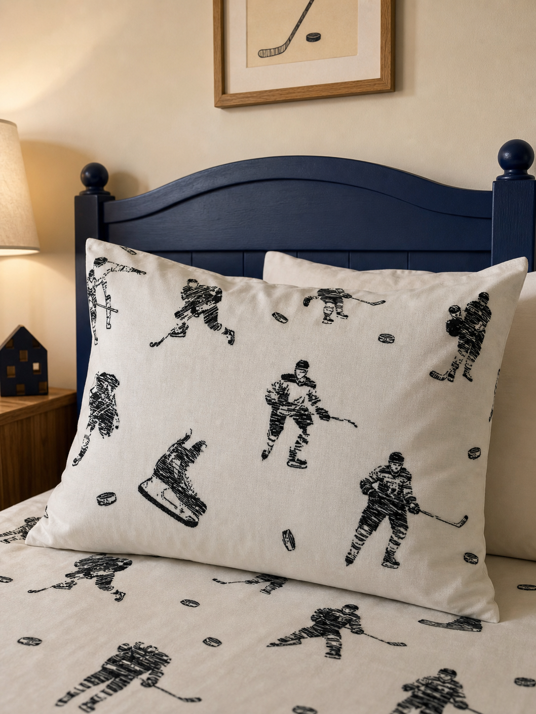 Pillowcase detail from the hockey print flannel sheet set