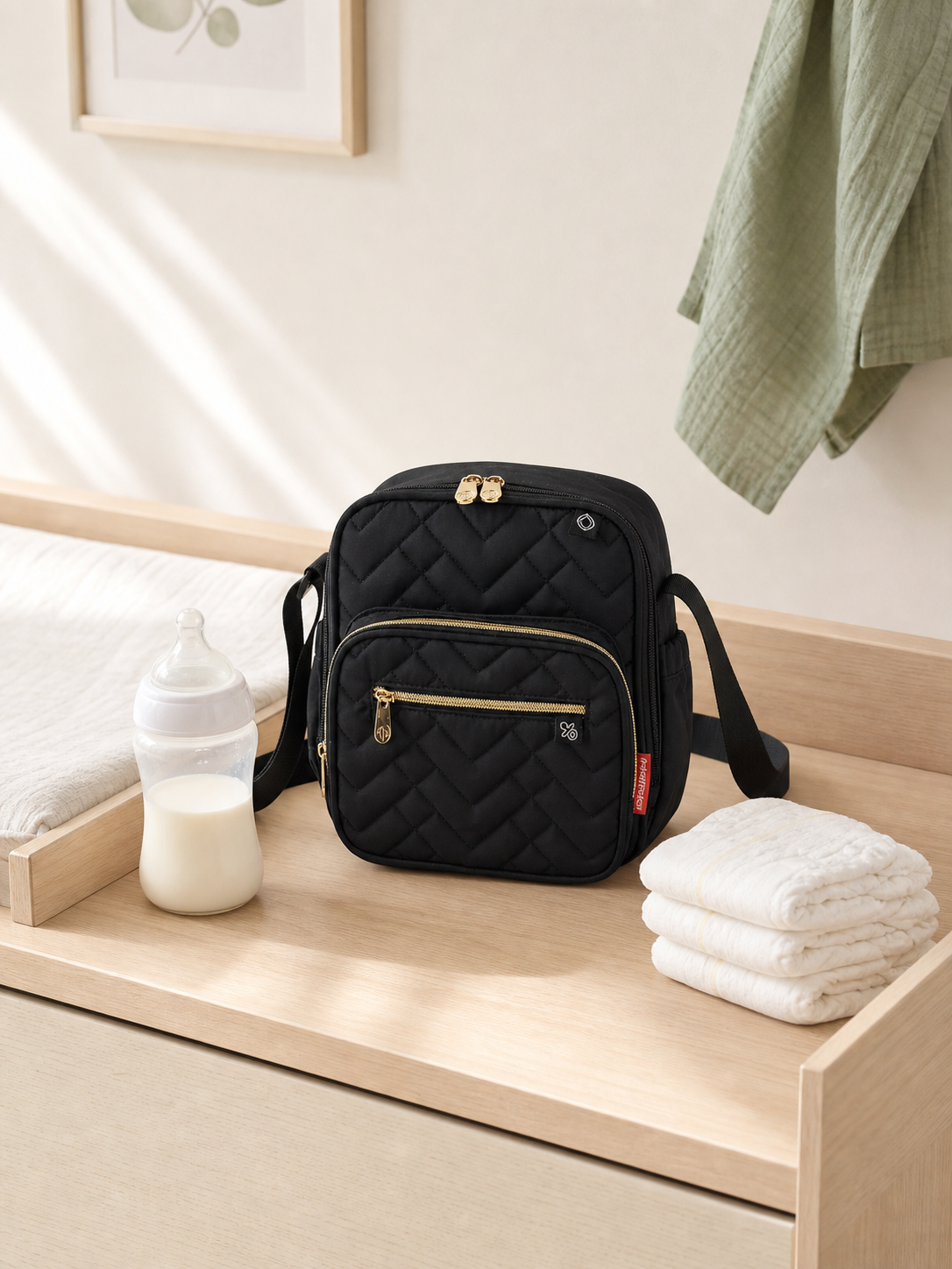 Bottle bag open on a changing table showing its compartments