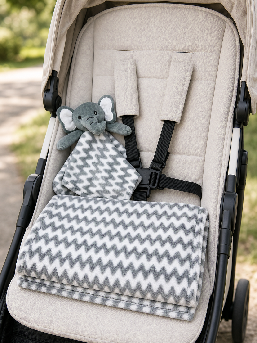 Grey elephant lovey and blanket tucked into a stroller