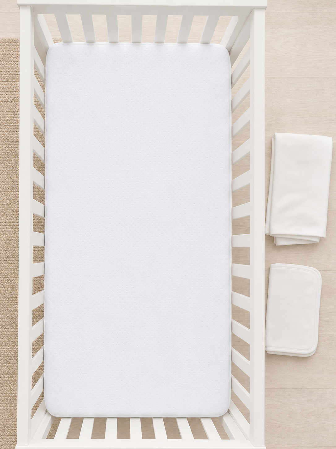 Crib mattress protector laid out with coordinating nursery bedding