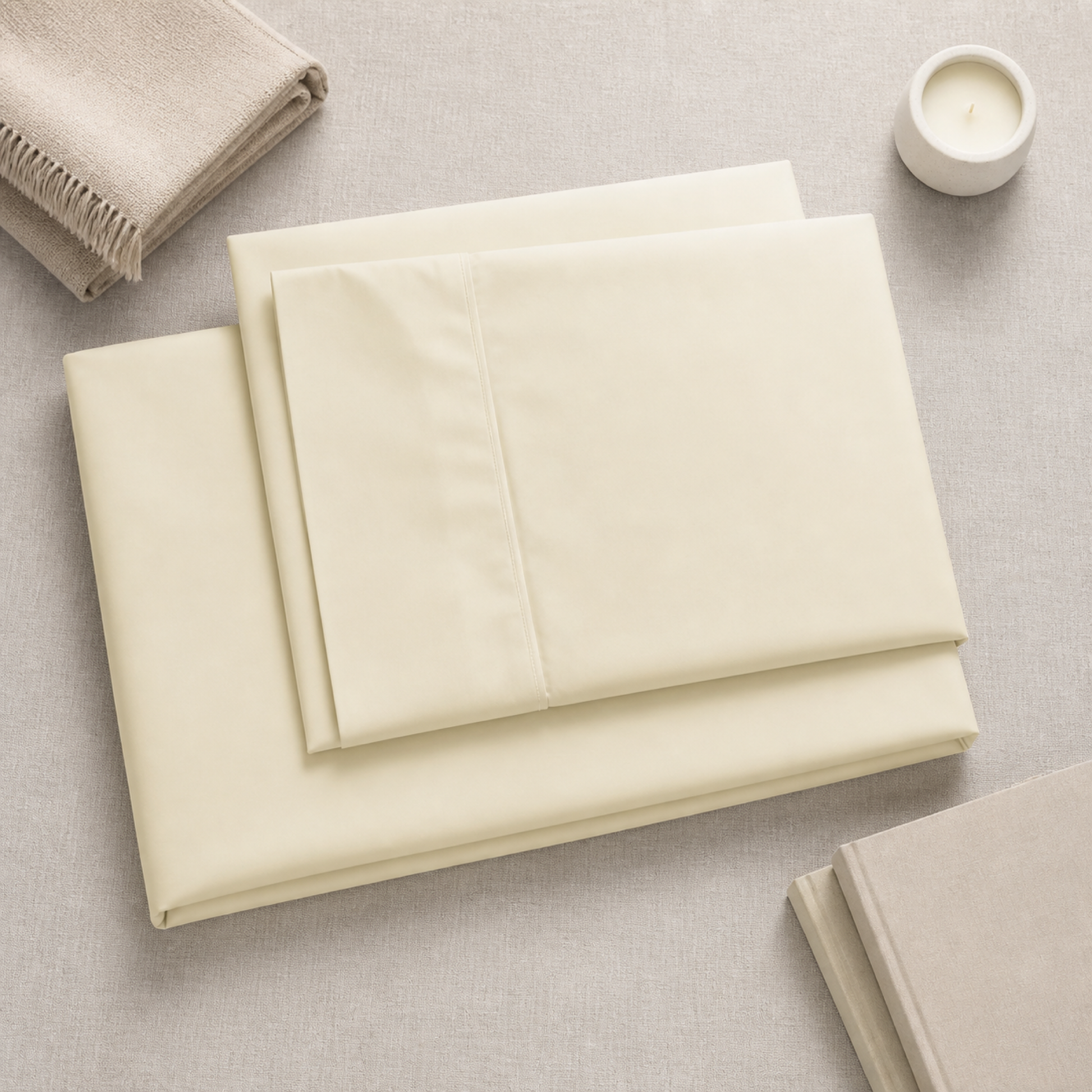 Flat lay of the ivory percale Twin XL sheet set with folded fitted sheet, flat sheet and pillowcase