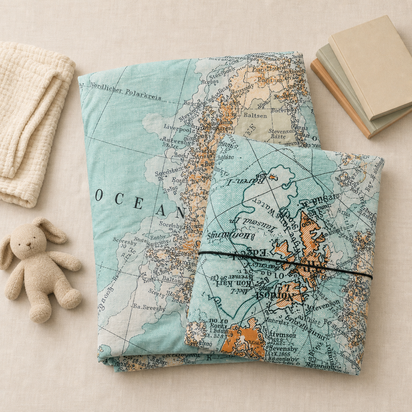World Map Duvet Cover Set folded in a flat lay