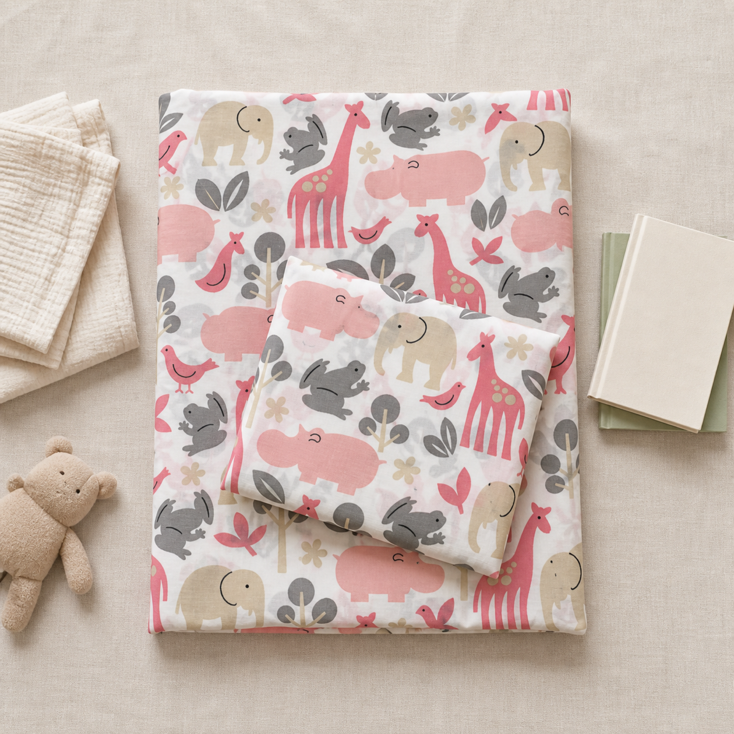 Safari Animals Sheet Set folded in a flat lay